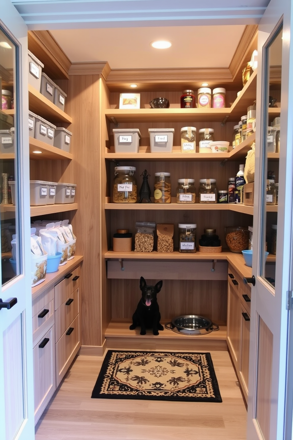 A charming kitchen features a farmhouse sink that serves as the centerpiece, complemented by rustic wooden cabinetry and open shelving. The open pantry design showcases neatly organized jars and baskets, creating an inviting and functional space that enhances the farmhouse aesthetic.