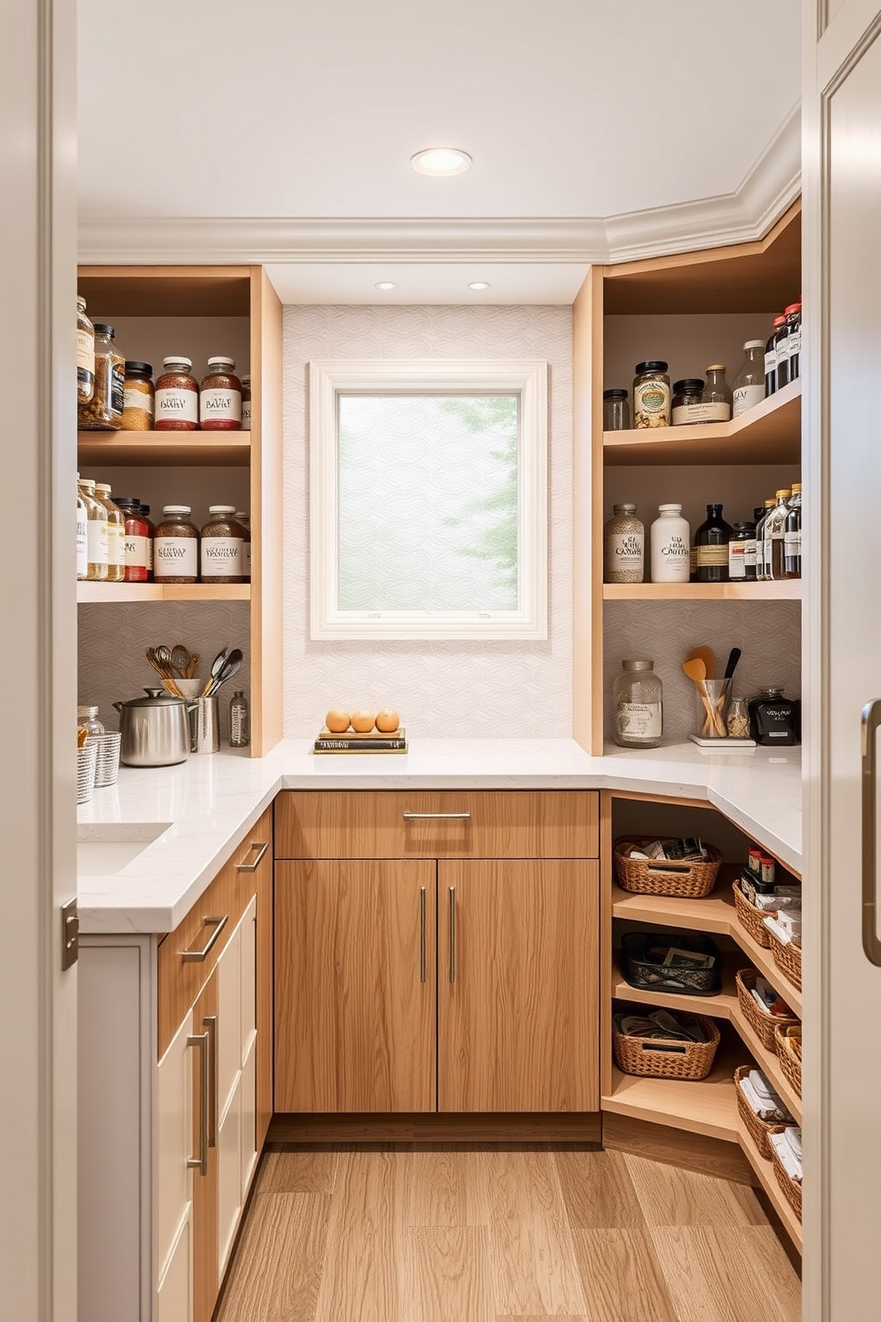 A modern open pantry design featuring a spacious countertop for meal prep. The pantry is organized with open shelving displaying neatly arranged jars and ingredients, complemented by a stylish backsplash.