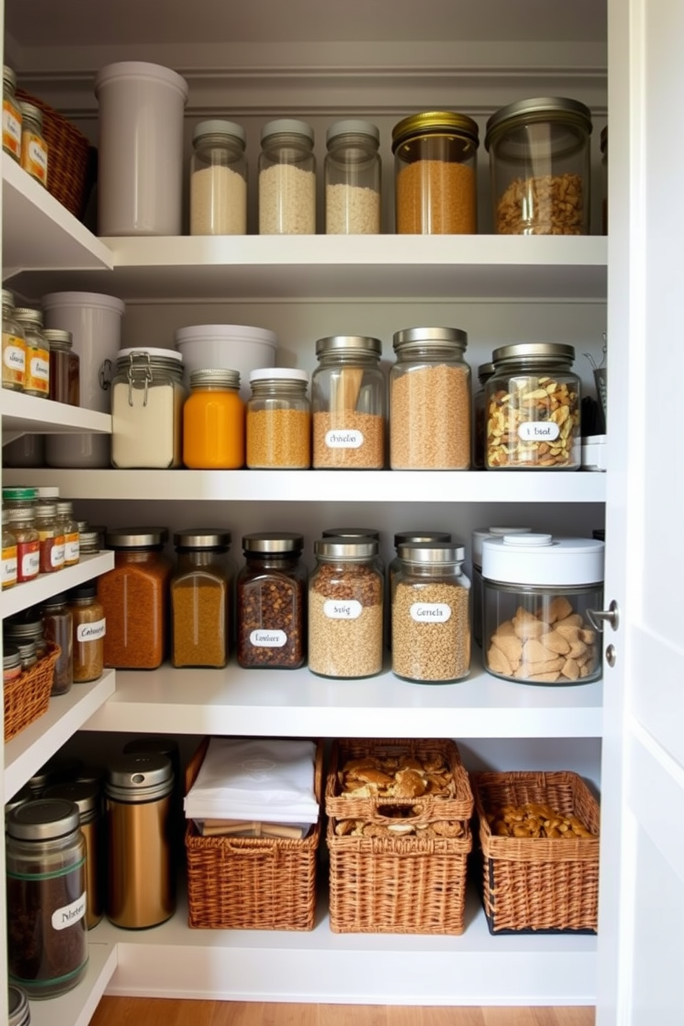 A bright and airy open pantry featuring clear glass containers for easy visibility of contents. The shelves are neatly organized with labeled jars and baskets, showcasing an array of colorful dry goods and spices.