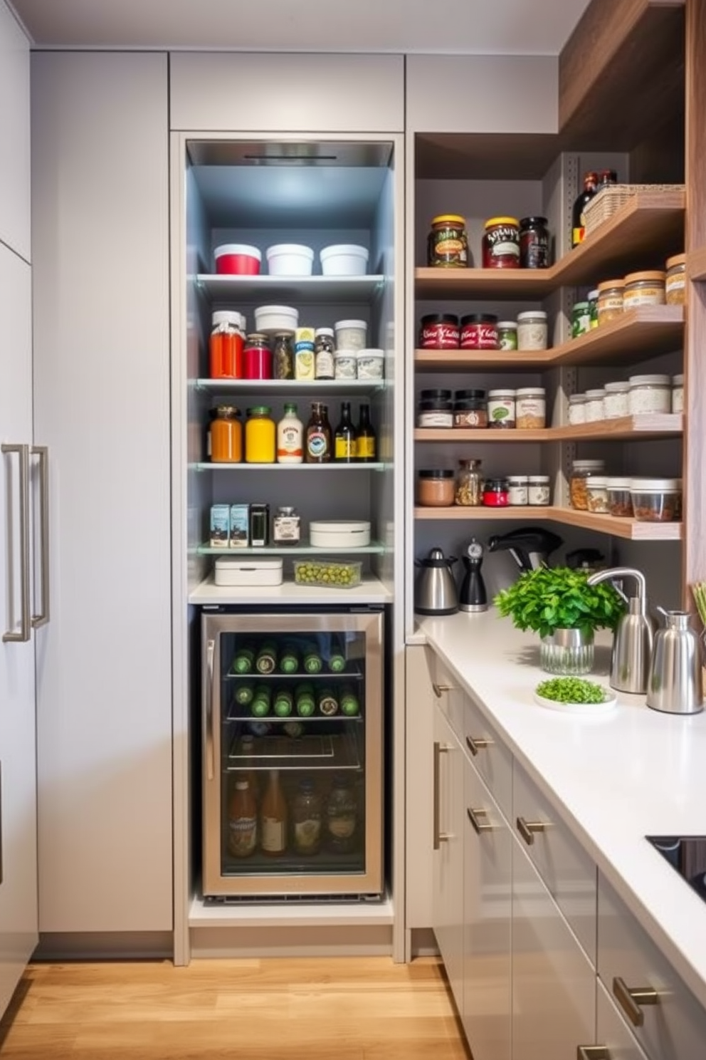 A stylish open pantry design featuring wooden shelves lined with neatly organized jars and containers. A large bulletin board is mounted on the wall for reminders, surrounded by a cozy seating area with natural light streaming in.