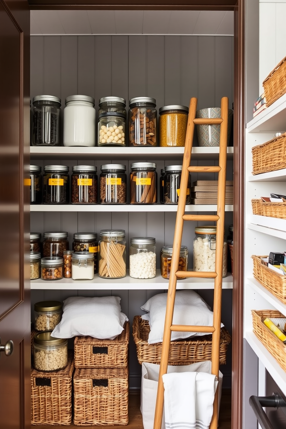 A stylish open pantry featuring a ladder shelf for visual interest. The shelves are filled with neatly organized jars and baskets, showcasing a blend of rustic and modern elements.