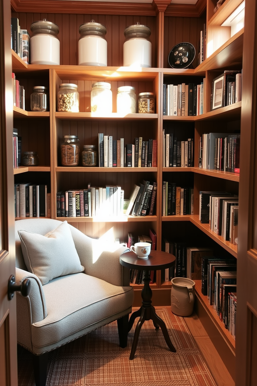 Create a cozy reading nook in a pantry. The space features a comfortable armchair upholstered in soft fabric, positioned next to a small side table with a steaming cup of tea. Surrounding the nook are open shelves filled with an array of books and decorative jars. Natural light streams in through a nearby window, illuminating the warm wooden accents and inviting atmosphere.