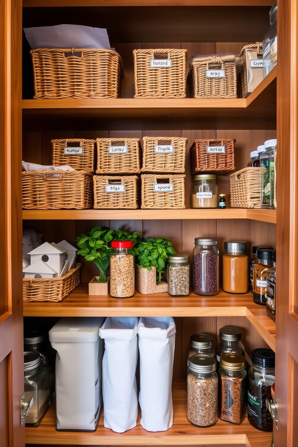 A stylish open pantry featuring wooden shelves neatly arranged with various baskets for organized storage solutions. The baskets are labeled and filled with dry goods, while fresh herbs and spices are displayed in glass jars for easy access.