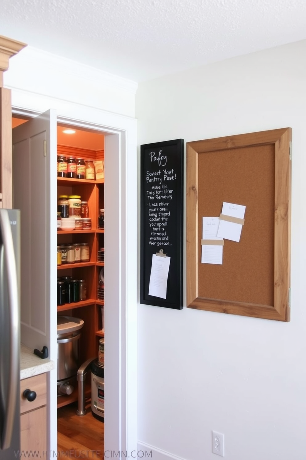 A cozy kitchen setting featuring an open pantry design. The pantry is organized with wooden shelves displaying various jars and ingredients, creating an inviting atmosphere. Incorporate a bulletin board on the wall for reminders and notes. The board is framed in a rustic wood finish, adding a touch of charm to the space.