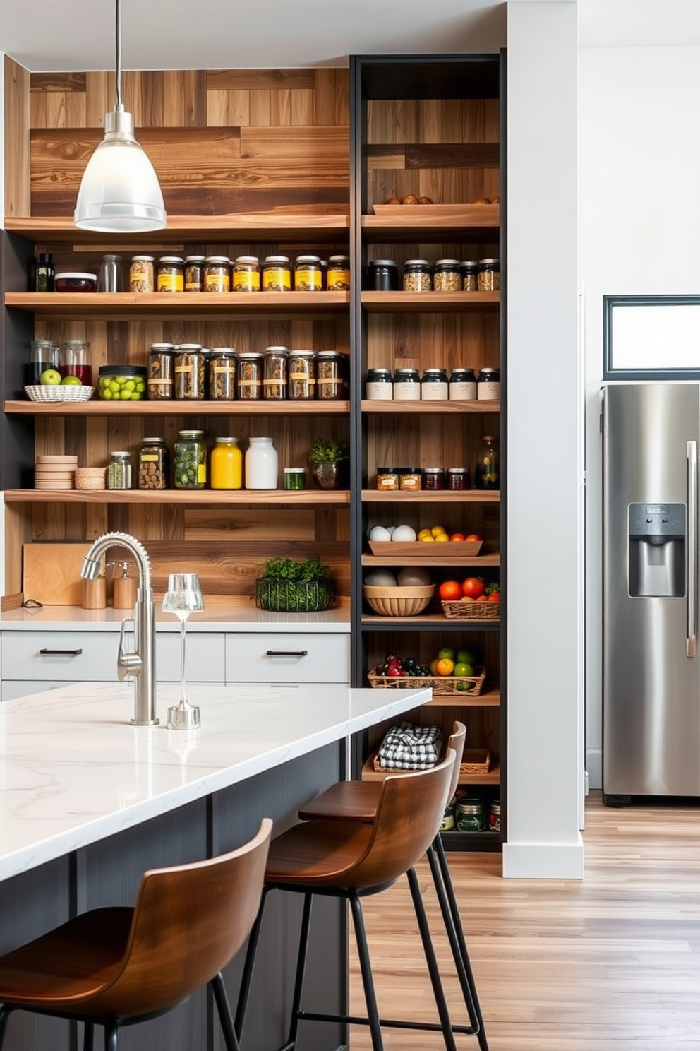 A modern kitchen featuring an open pantry design with a chalkboard wall for notes. The pantry shelves are filled with neatly organized jars and containers, while a rustic wooden table sits in the center, surrounded by high stools.