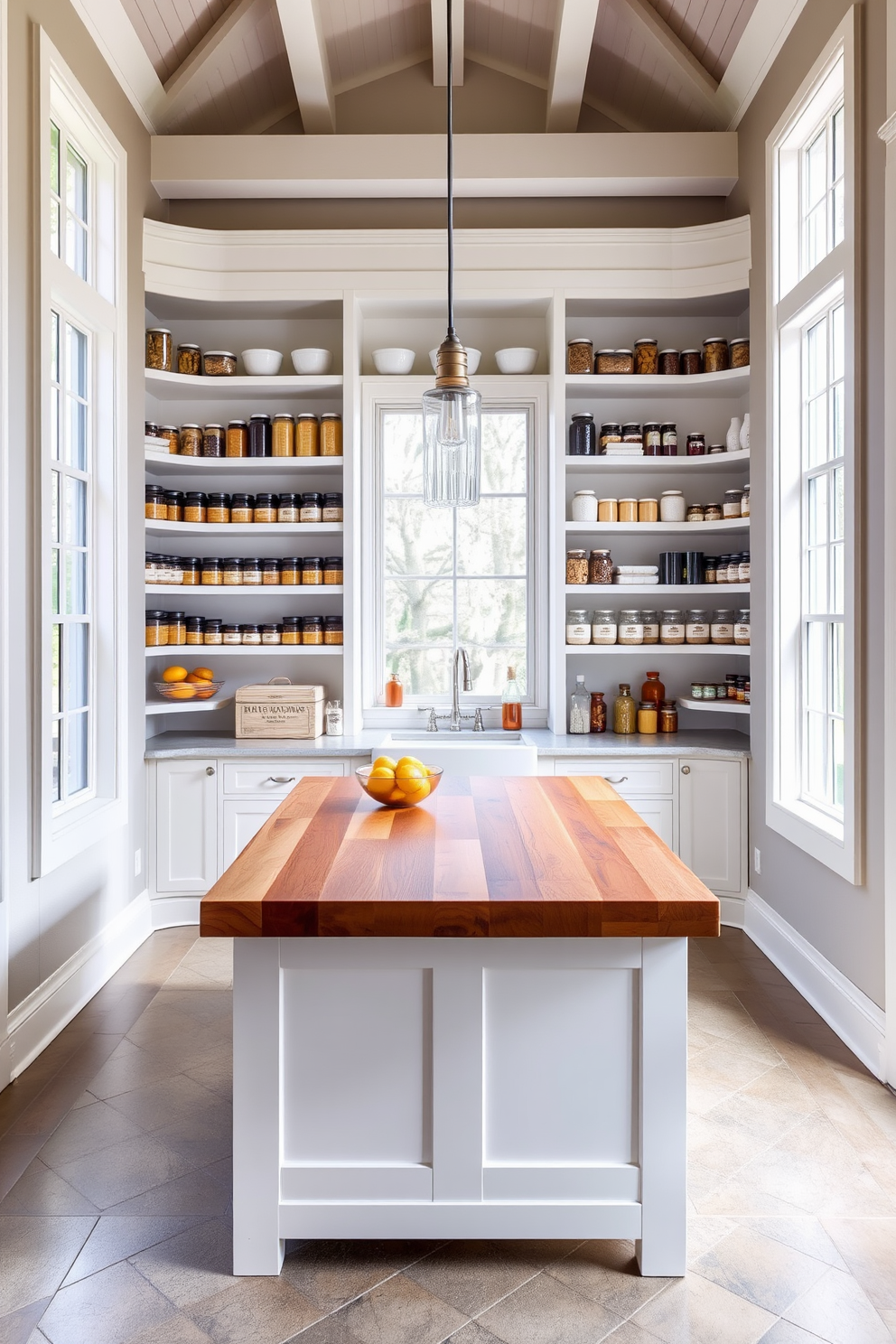 A bright and airy open pantry featuring white shelving that showcases neatly organized jars and containers. The space is illuminated by large windows allowing natural light to flood in, creating a welcoming atmosphere. The pantry includes a central island with a butcher block countertop, providing additional workspace for meal prep. Stylish pendant lights hang above the island, adding a touch of elegance to the functional design.