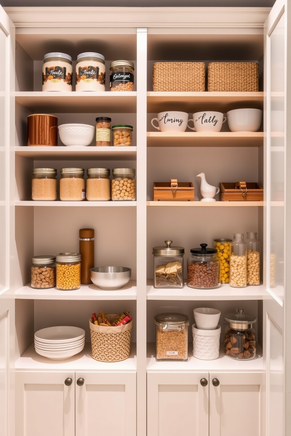 A stylish open pantry design featuring a combination of open shelves and closed cabinets for a balanced look. The open shelves display neatly organized jars and decorative items, while the closed cabinets provide hidden storage for bulk items and kitchen essentials.