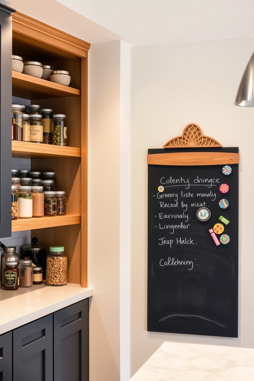 A modern kitchen featuring an open pantry design. The pantry is framed by wooden shelves filled with neatly arranged jars and baskets, creating an organized yet inviting space. A large chalkboard is mounted on the wall, perfect for writing grocery lists and meal planning. The chalkboard is surrounded by decorative magnets and colorful chalk, adding a playful touch to the kitchen ambiance.