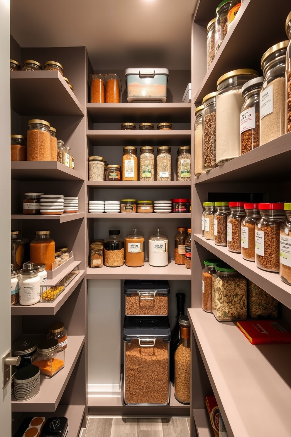 A modern open pantry design featuring tall shelves that maximize vertical space. The shelves are filled with neatly organized jars and containers, showcasing a variety of colorful spices and grains.