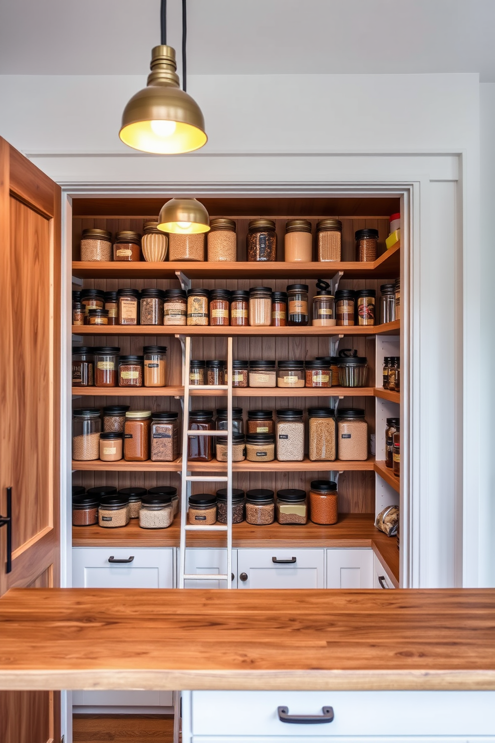 A stylish open pantry featuring a combination of open shelving and closed cabinets. The open shelves are filled with neatly organized jars and decorative containers, while the closed cabinets provide hidden storage for bulk items and kitchen essentials.