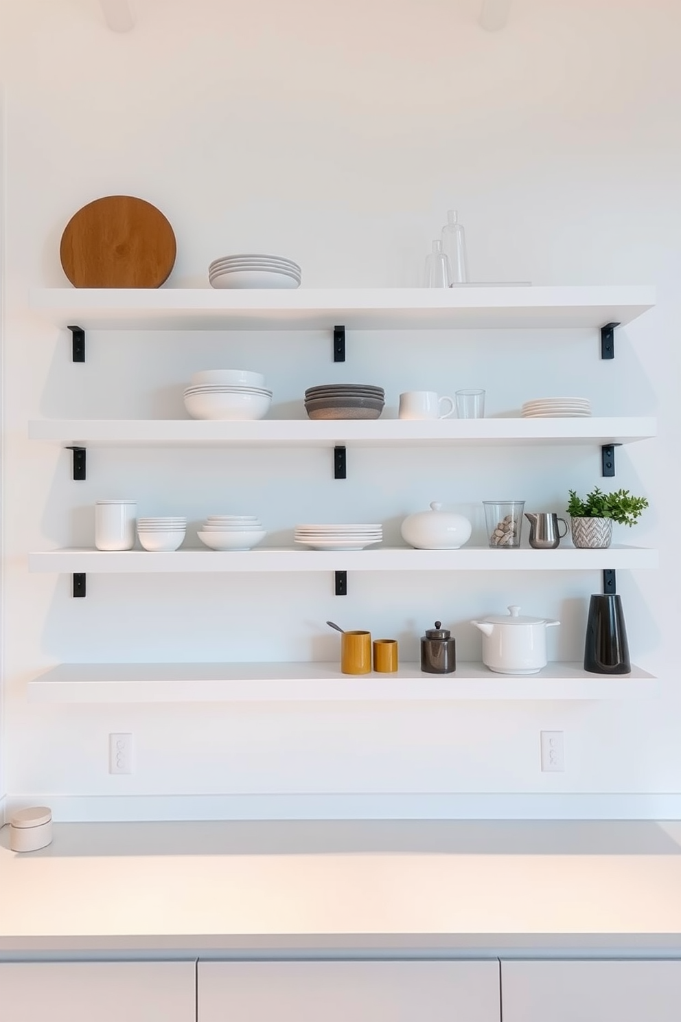 Rustic wooden shelves with metal brackets are elegantly arranged above a spacious kitchen counter. The shelves are adorned with a collection of vintage cookbooks, potted herbs, and artisanal kitchenware, creating a warm and inviting atmosphere.