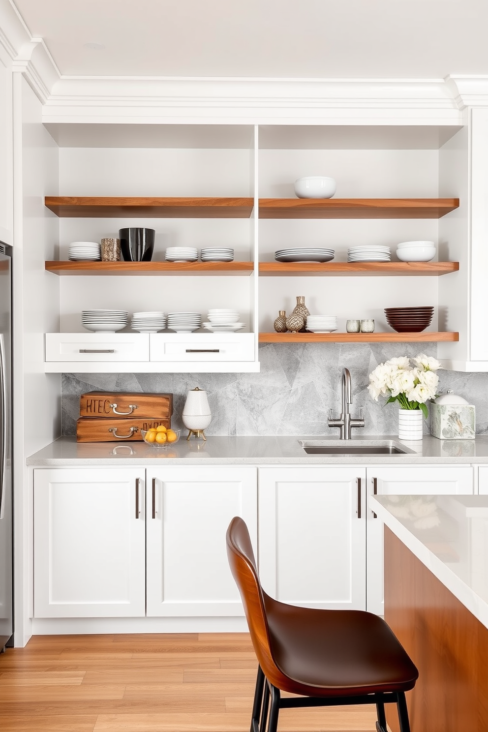 A modern kitchen featuring a harmonious blend of open shelves and closed cabinets. The open shelves display carefully curated dishware and decorative items, while the closed cabinets provide ample storage space and a sleek finish. The cabinetry is painted in a crisp white, contrasting beautifully with the warm wooden shelves. A stylish backsplash in a soft gray adds texture and depth to the overall design.