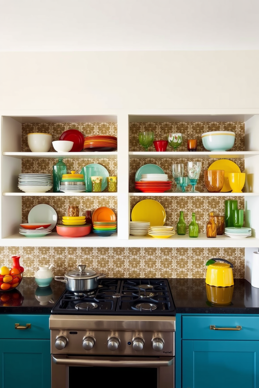 A vibrant kitchen setting featuring bold patterned wallpaper that adds a striking visual element behind open shelves. The shelves are stocked with an array of colorful dishes and glassware, creating an inviting and eclectic atmosphere.