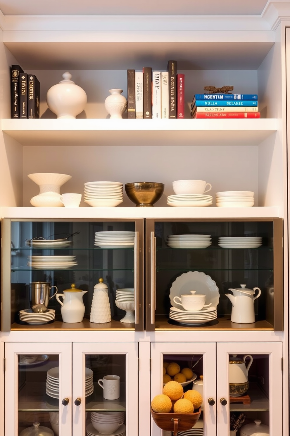 A modern kitchen featuring glass-front cabinets that showcase elegant dishware and culinary tools. Above the cabinets, open shelves display decorative items and cookbooks, creating a stylish and functional space.