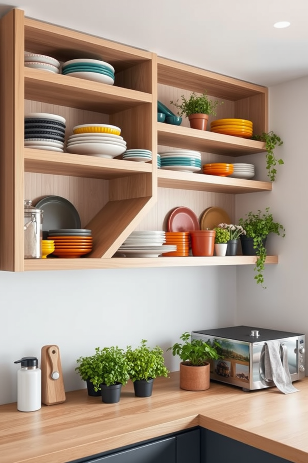 A modern kitchen featuring wall-mounted shelves with elegant under-lighting that highlights the decorative items displayed. The shelves are made of light wood and are arranged asymmetrically, creating a dynamic visual appeal in the space. The kitchen incorporates open shelves that provide easy access to cookware and dishes, enhancing the functionality of the area. The shelves are complemented by a sleek backsplash in a soft gray tone, adding a touch of sophistication to the overall design.