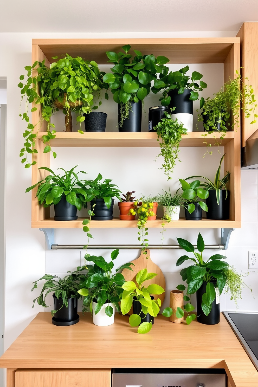 A modern kitchen featuring open shelving adorned with various hanging plants. The shelves are made of light wood and are filled with vibrant green foliage, adding a touch of nature to the space.