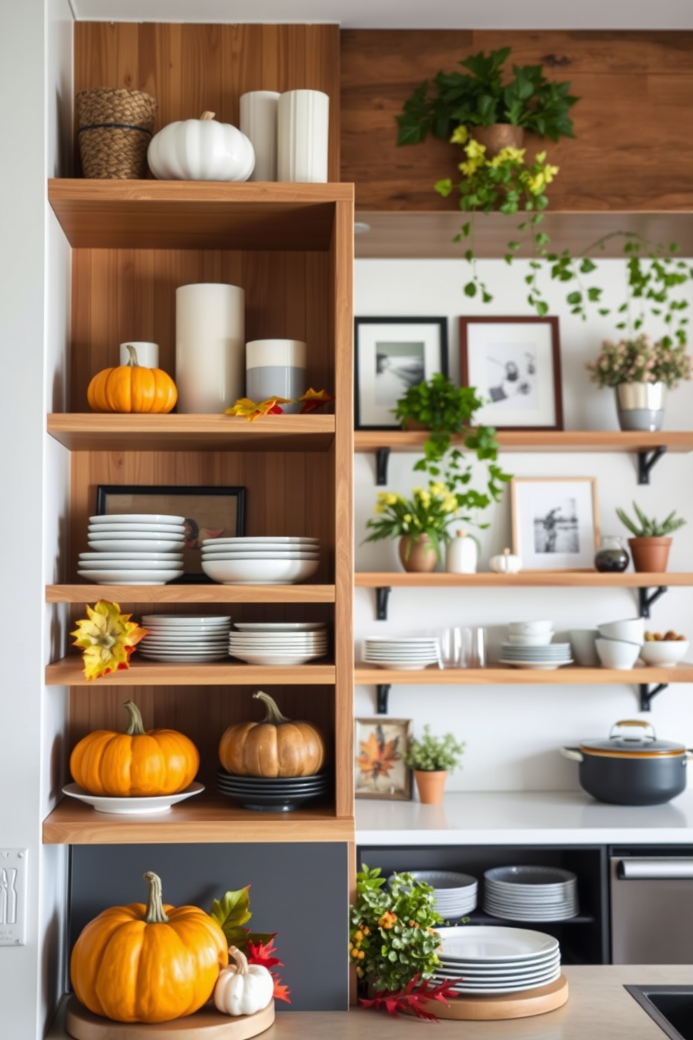 A modern kitchen featuring open shelving adorned with framed artwork that adds a personal touch. The shelves are filled with a curated selection of decorative items and dishware, creating an inviting and stylish atmosphere. The cabinetry is sleek and minimalist, complementing the open shelves while providing ample storage space. A large island in the center of the kitchen serves as both a functional workspace and a gathering spot for family and friends.