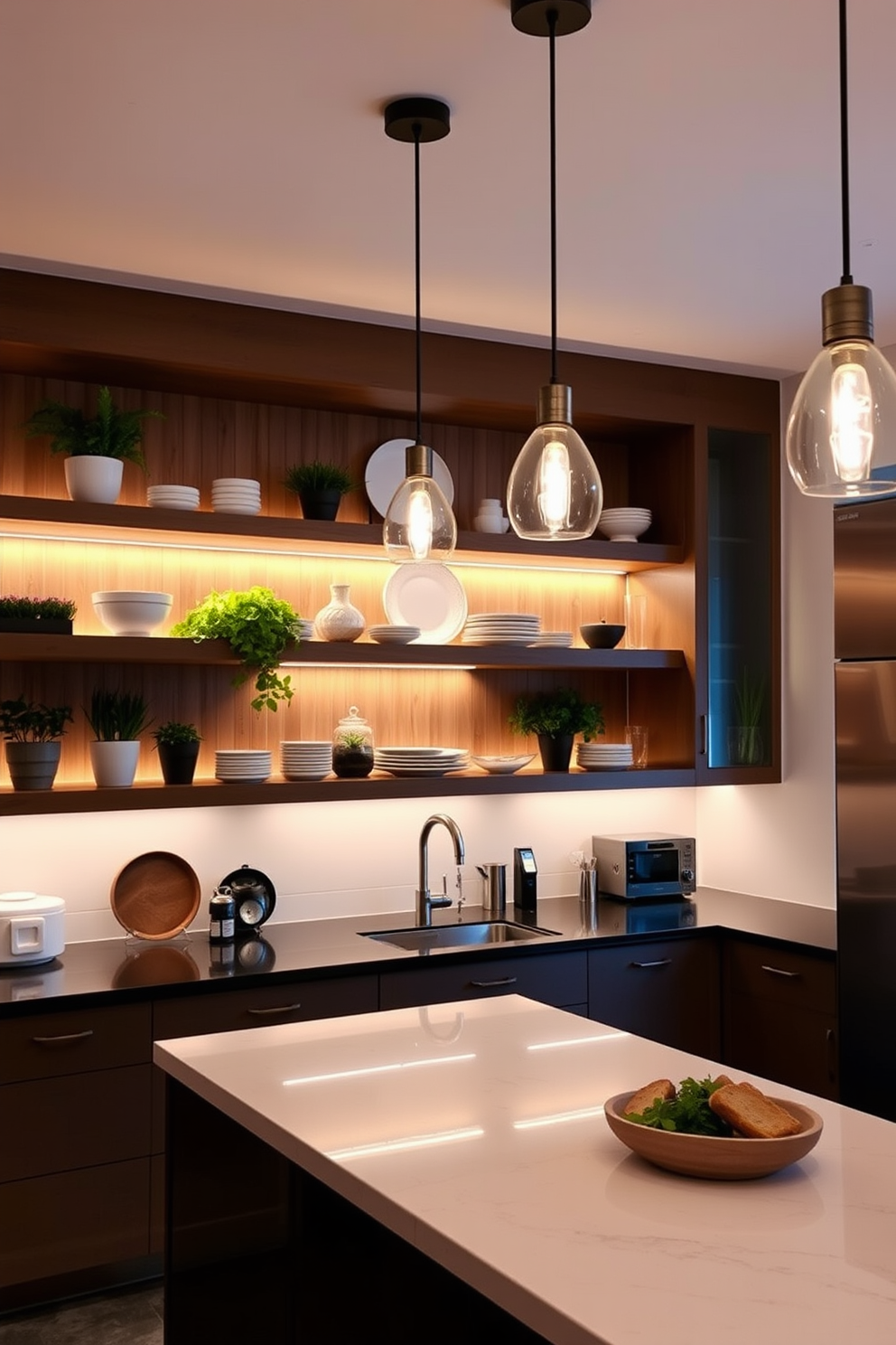 Natural wood shelves create a warm and inviting atmosphere in an open kitchen. The shelves are filled with rustic dishware, potted herbs, and decorative jars, enhancing the cozy ambiance of the space.