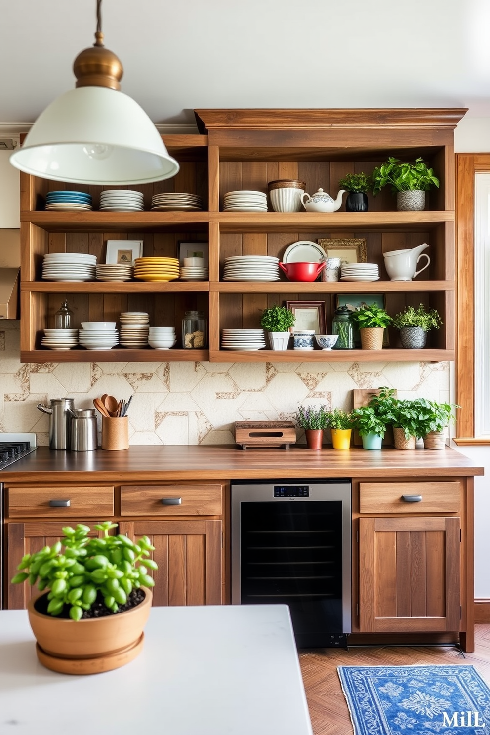 A modern kitchen featuring floating shelves with integrated lighting that highlight decorative dishware and plants. The shelves are made of light wood and are mounted against a white tiled backsplash, creating a bright and airy atmosphere. The kitchen island is sleek and minimalist, with a smooth countertop that complements the shelves. Underneath, additional storage is provided by cabinetry that matches the floating shelves, ensuring a cohesive design.