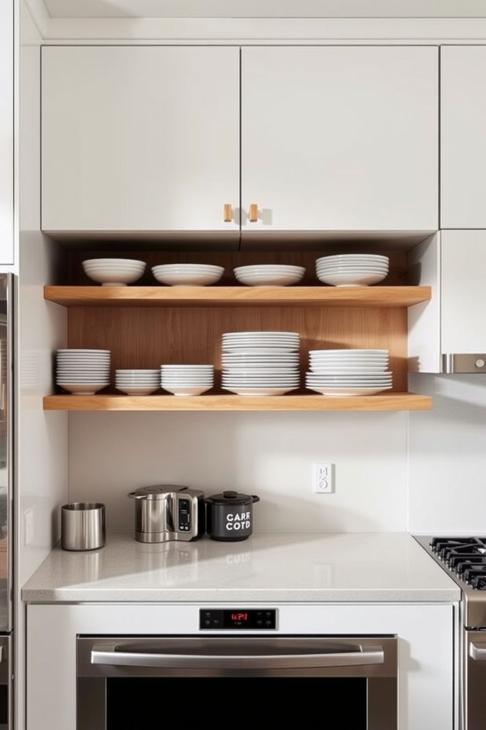 A modern kitchen with open shelves displaying stacked plates and bowls for easy access. The shelves are made of light wood, complementing the sleek white cabinetry and stainless steel appliances.