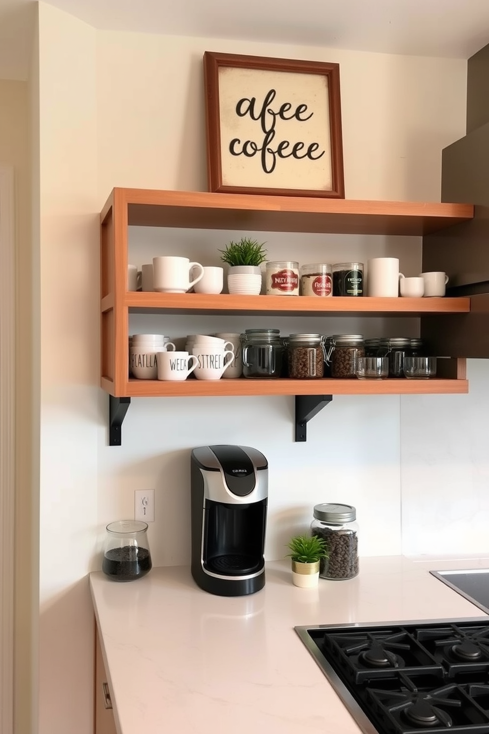 A cozy coffee station is designed on open shelves in a modern kitchen. The shelves are filled with an assortment of coffee mugs, a sleek coffee maker, and decorative jars of coffee beans. Above the coffee station, a stylish sign adds a personal touch, while a small potted plant brings a hint of greenery. The adjacent wall is painted in a soft cream color, complementing the warm wood tones of the shelves.