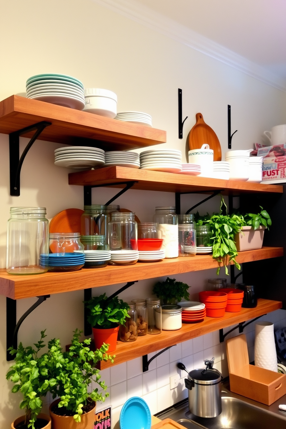 Rustic wood shelves with metal brackets create a warm and inviting atmosphere in the kitchen. The shelves are filled with an assortment of colorful dishes, glass jars, and potted herbs, adding both functionality and charm to the space.