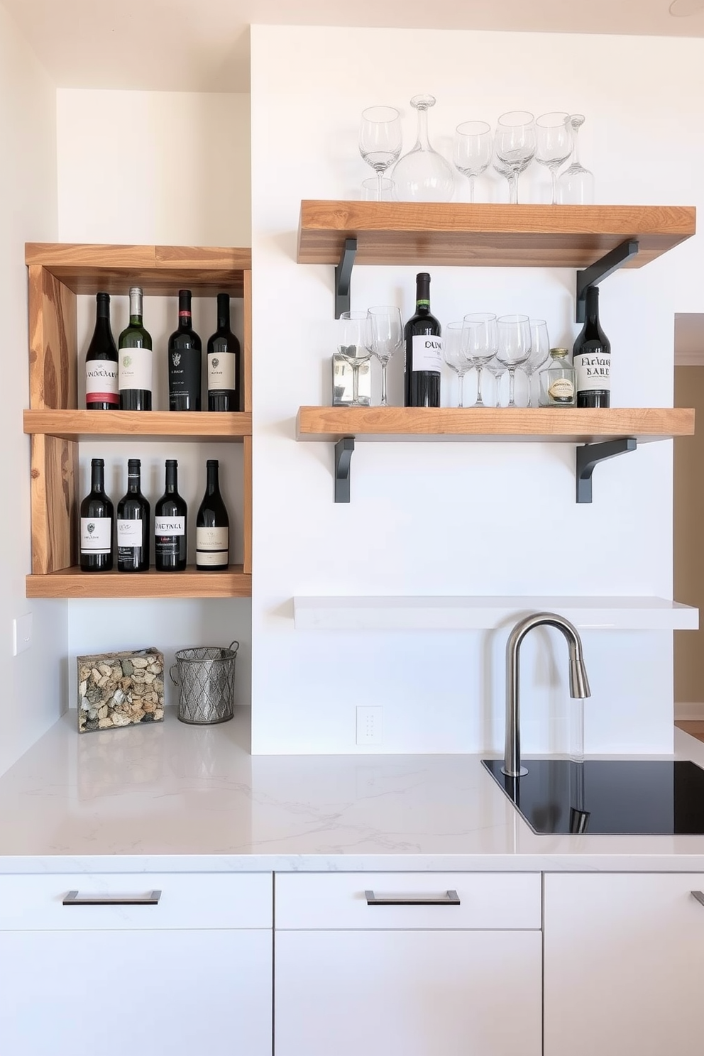 A vibrant kitchen featuring bold patterned wallpaper behind open shelves that display an array of colorful dishware and plants. The combination of the lively wallpaper and the natural wood shelves creates a warm and inviting atmosphere.