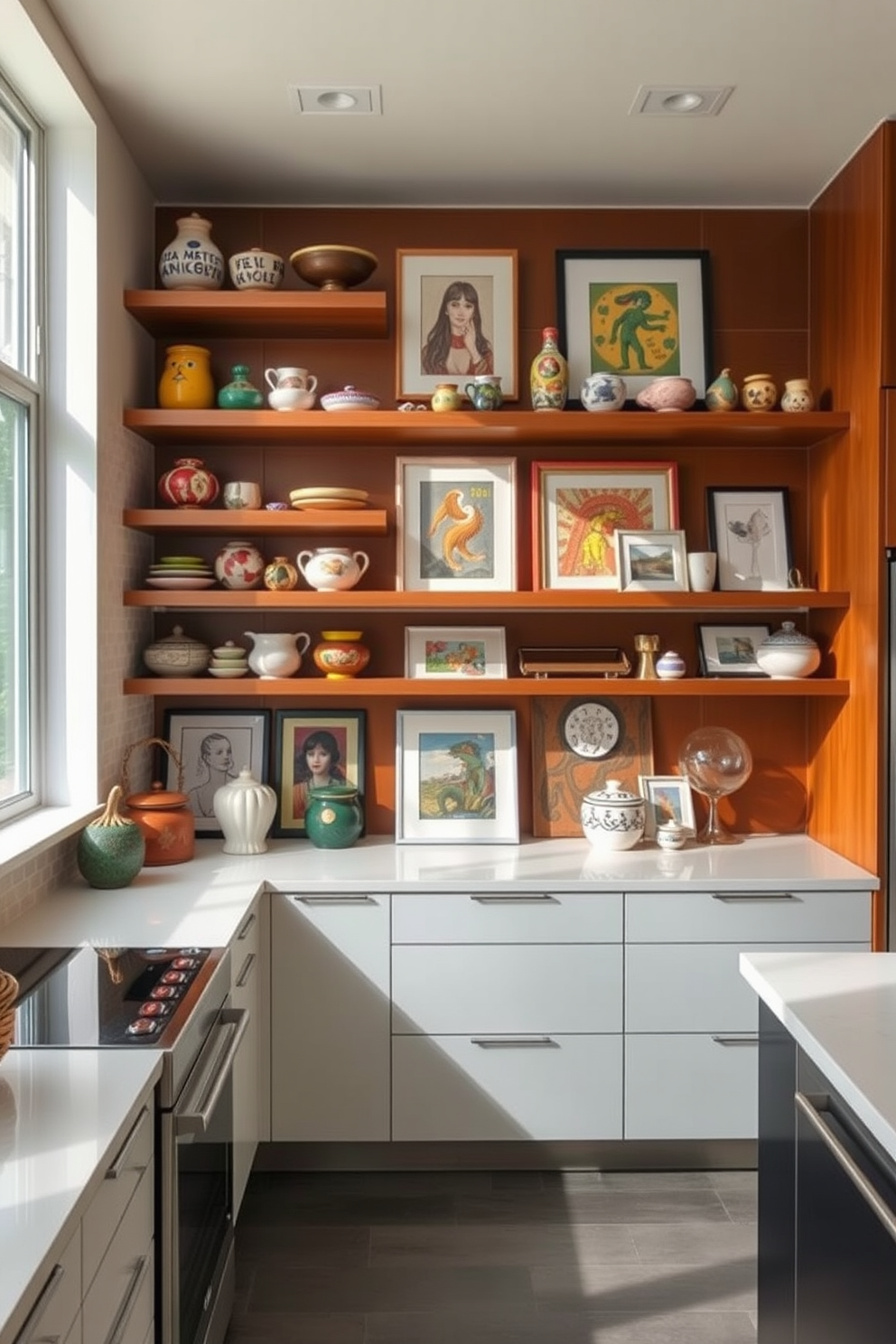 A modern kitchen featuring open shelves adorned with an array of art pieces. The shelves display a mix of colorful ceramics and framed artwork, creating an inviting and vibrant atmosphere. The kitchen has a sleek design with minimalist cabinetry and stainless steel appliances. Natural light floods the space, highlighting the artistic elements and enhancing the overall aesthetic.