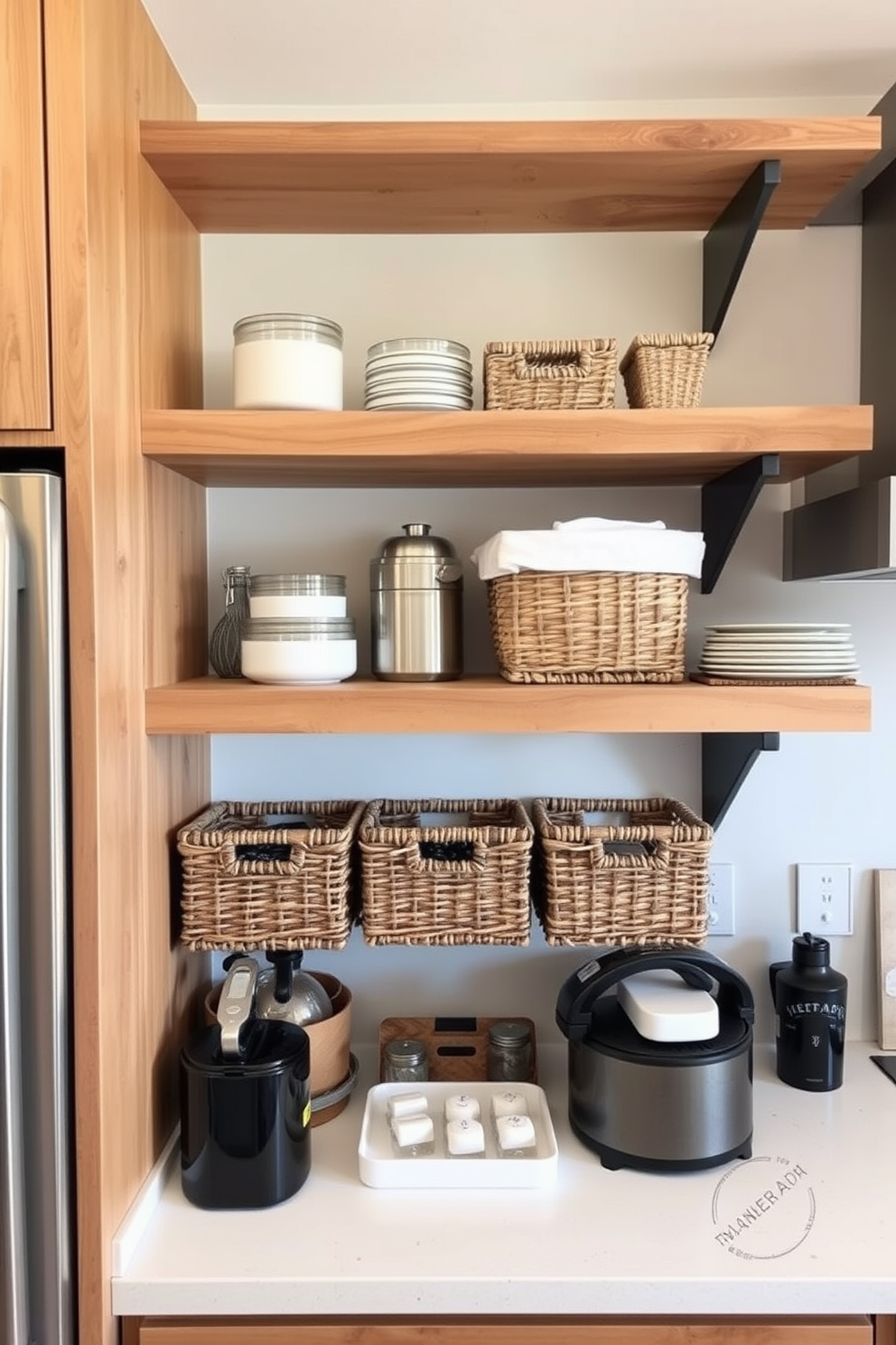 A modern kitchen featuring open shelves made of reclaimed wood. Stylish woven baskets are neatly arranged on the shelves, providing organized storage for cooking essentials and pantry items.