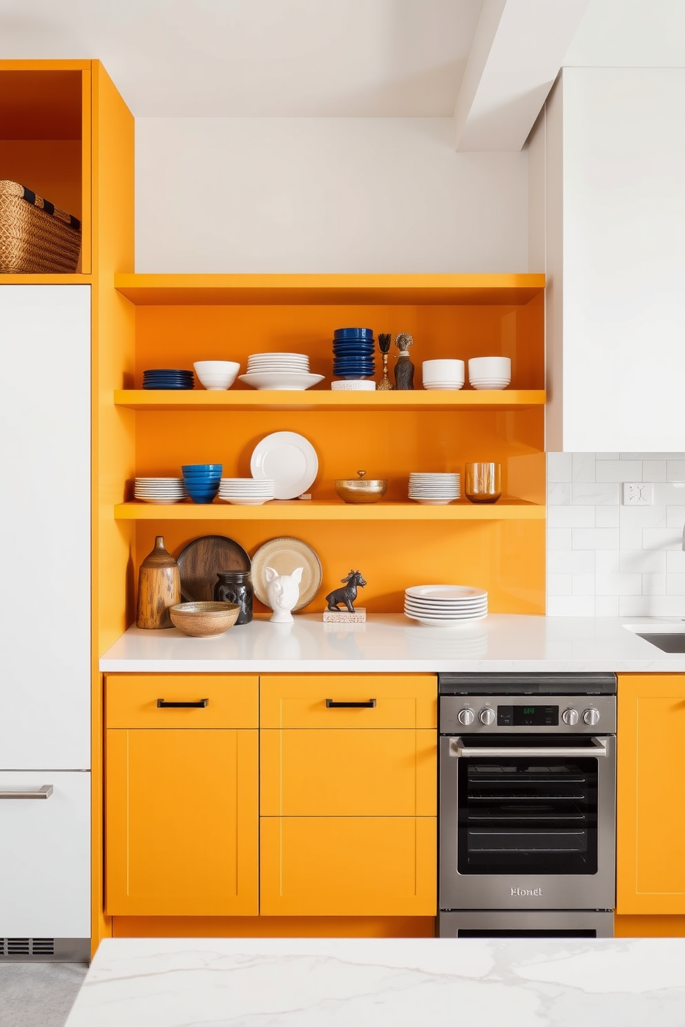 A modern kitchen featuring open shelves in a contrasting color to the cabinetry. The shelves are filled with stylish dishware and decorative items, creating a vibrant focal point in the space.