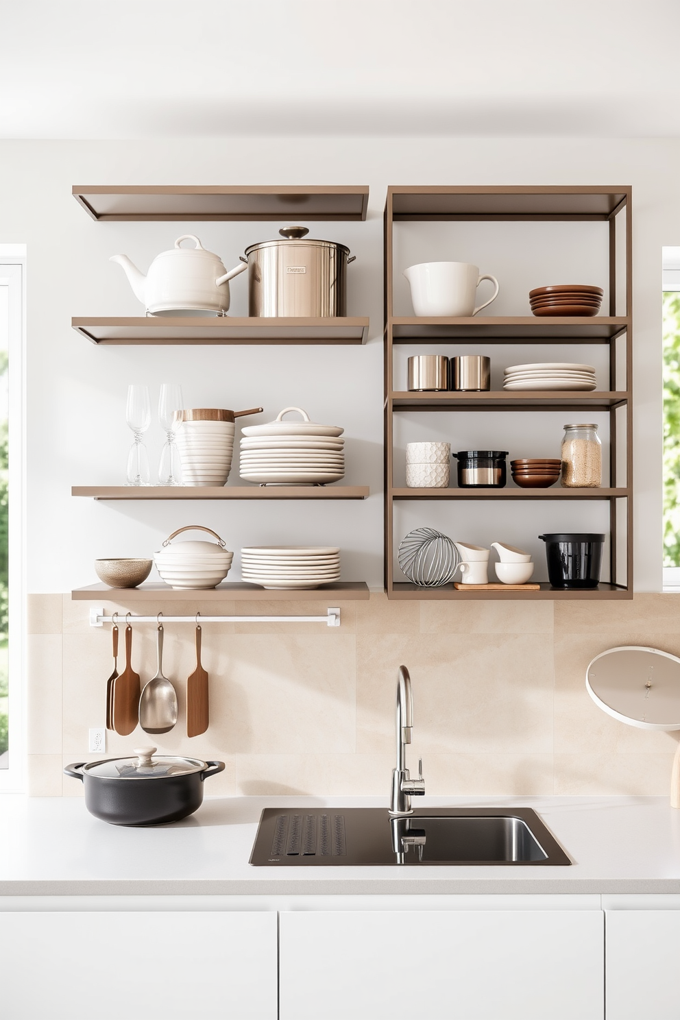 Sleek metal shelves are mounted on the walls in a contemporary kitchen, showcasing an array of stylish cookware and decorative items. The shelves are complemented by a minimalist backsplash in a neutral tone, enhancing the modern aesthetic of the space. The open shelves create an airy feel, allowing for easy access to essentials while adding a touch of elegance. Natural light floods the kitchen, highlighting the sleek lines and polished surfaces of the design.