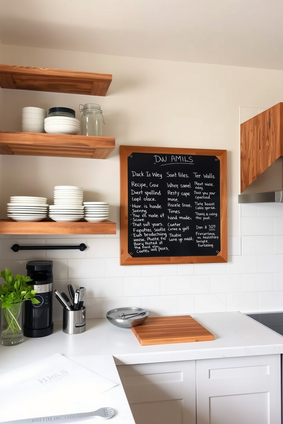 A modern kitchen featuring open shelves filled with colorful cookbooks and stylish kitchenware. The shelves are made of reclaimed wood and are mounted against a sleek white backsplash, creating a warm and inviting atmosphere. The kitchen island is topped with a polished granite countertop, providing ample space for meal preparation. Pendant lights hang above the island, casting a soft glow that complements the natural light streaming in from large windows.