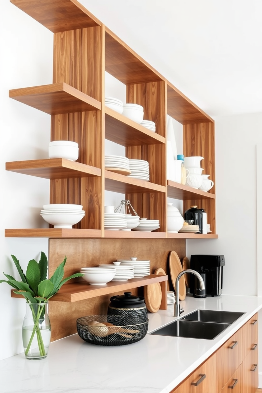 A modern kitchen featuring open shelves crafted from natural wood, displaying an array of ceramic dishes and decorative items. The countertops are a sleek white quartz, complementing the warm tones of the wooden shelves and creating a harmonious blend of textures.