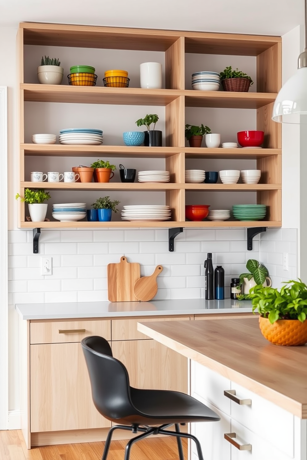 A modern kitchen featuring open shelving that utilizes wall space effectively. The shelves are made of light wood and are filled with colorful dishware and potted herbs, creating a vibrant atmosphere. The kitchen island is complemented by stylish bar stools, providing a casual dining area. The backsplash is a sleek white subway tile, enhancing the overall brightness of the space.