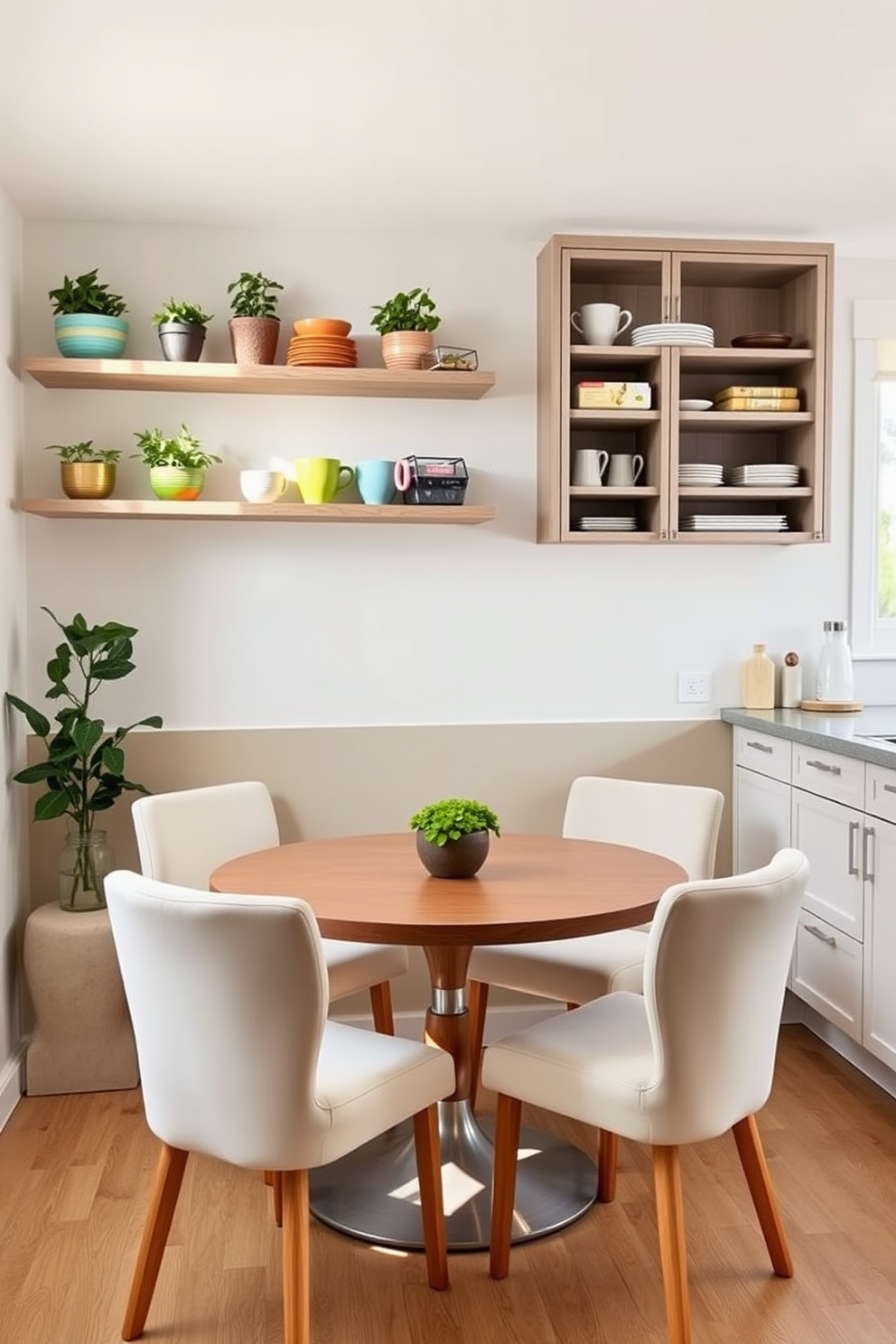 A cozy breakfast nook with a round wooden table surrounded by upholstered chairs in soft pastel colors. Above the table, there are open shelves displaying colorful dishware and potted herbs, adding a touch of greenery to the space. The kitchen features sleek cabinetry with a minimalist design, complemented by open shelves that showcase stylish kitchen accessories. Natural light floods the area through a nearby window, enhancing the warm and inviting atmosphere.