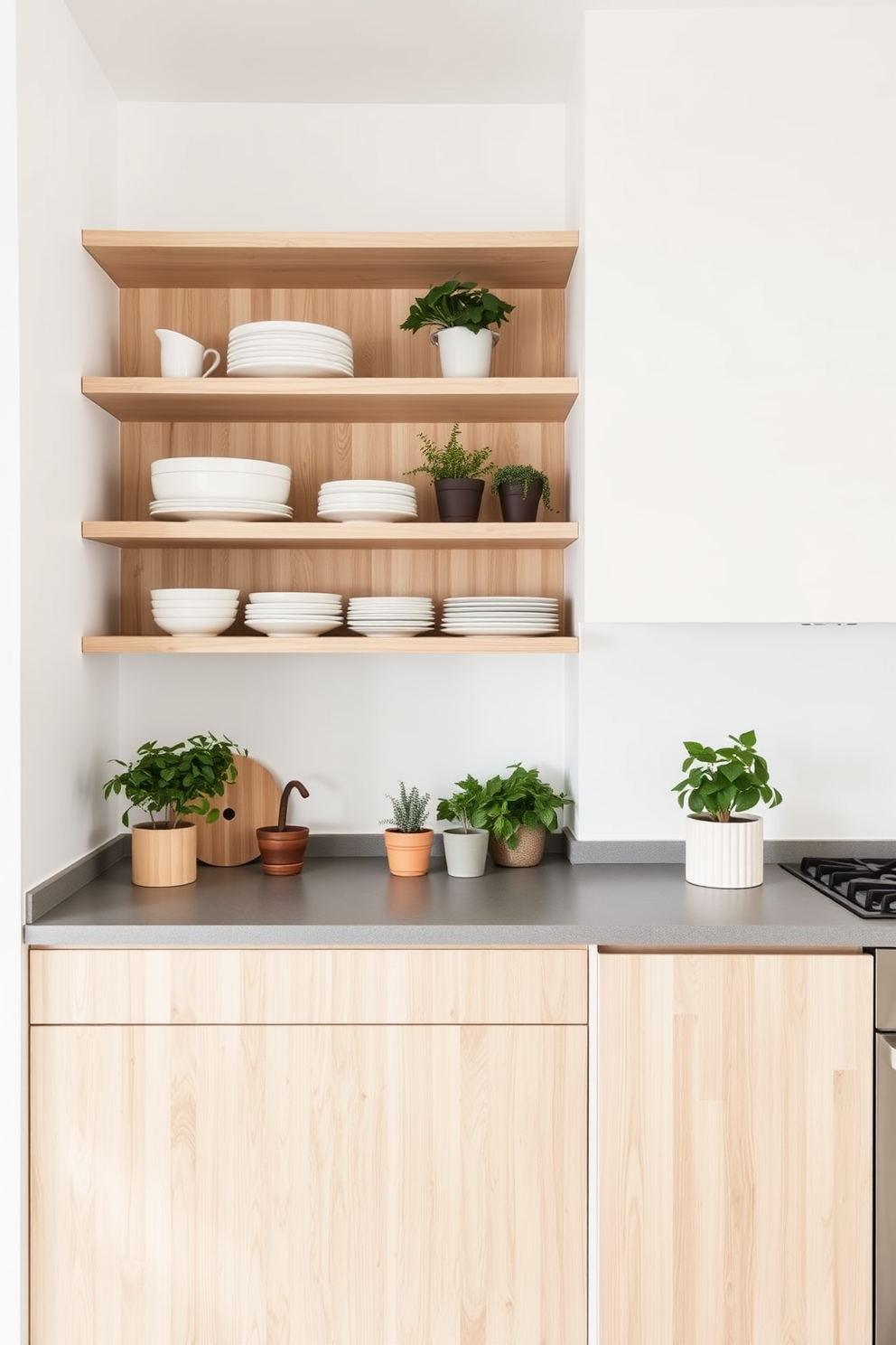 A minimalist kitchen featuring open shelves made of light wood that display neatly arranged dishware and potted herbs. The walls are painted in a crisp white, and the countertops are a sleek gray stone, creating a clean and airy atmosphere.