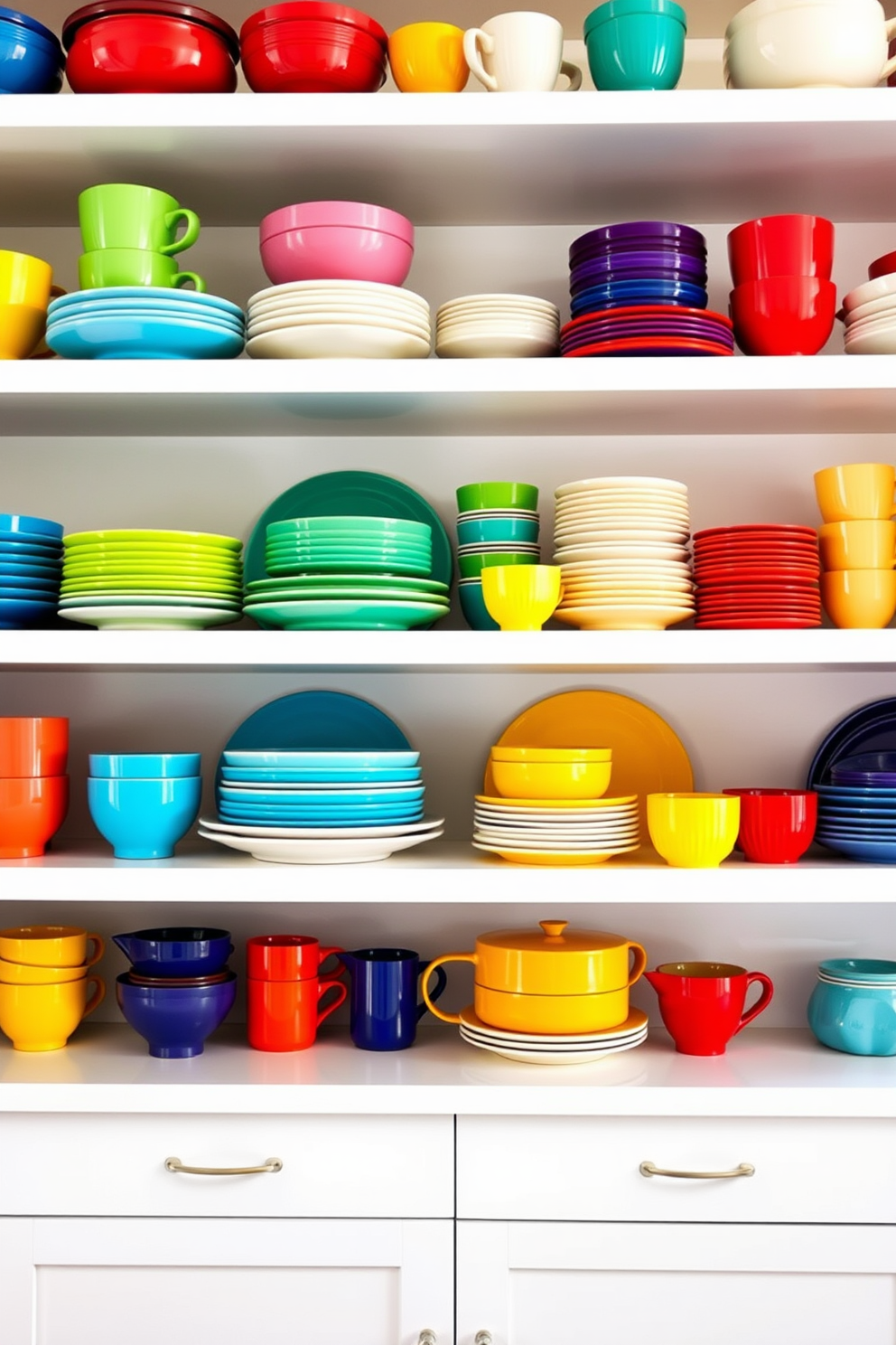 Colorful dishware arranged by hue creates a vibrant and inviting atmosphere in the kitchen. The shelves are filled with plates, bowls, and cups in a rainbow of colors, showcasing a playful yet organized display. Open shelves in the kitchen design allow for easy access to dishware while adding an airy feel to the space. The combination of colorful dishware and open shelving enhances the overall aesthetic, making the kitchen both functional and visually appealing.