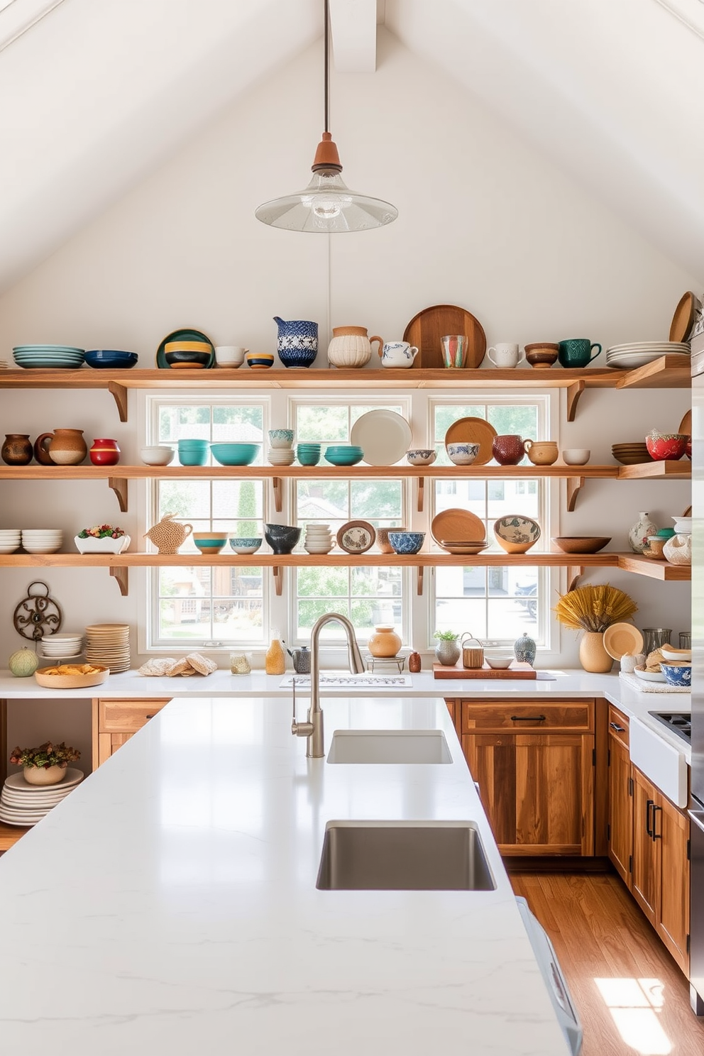 A bright and airy kitchen featuring open shelves filled with an array of handmade pottery and dishes. The shelves are crafted from reclaimed wood and are adorned with colorful ceramic bowls, unique mugs, and artisanal plates, creating a warm and inviting atmosphere. The kitchen is designed with a large island in the center, topped with a smooth quartz surface that complements the rustic shelves. Natural light floods the space through large windows, highlighting the textures of the pottery and the overall charm of the kitchen.