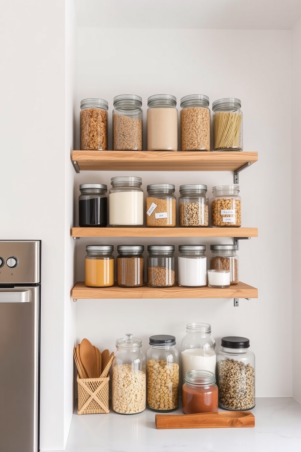 A modern kitchen featuring open shelves made of reclaimed wood. Glass jars filled with pantry staples are neatly arranged on the shelves, showcasing a variety of grains, pasta, and spices.