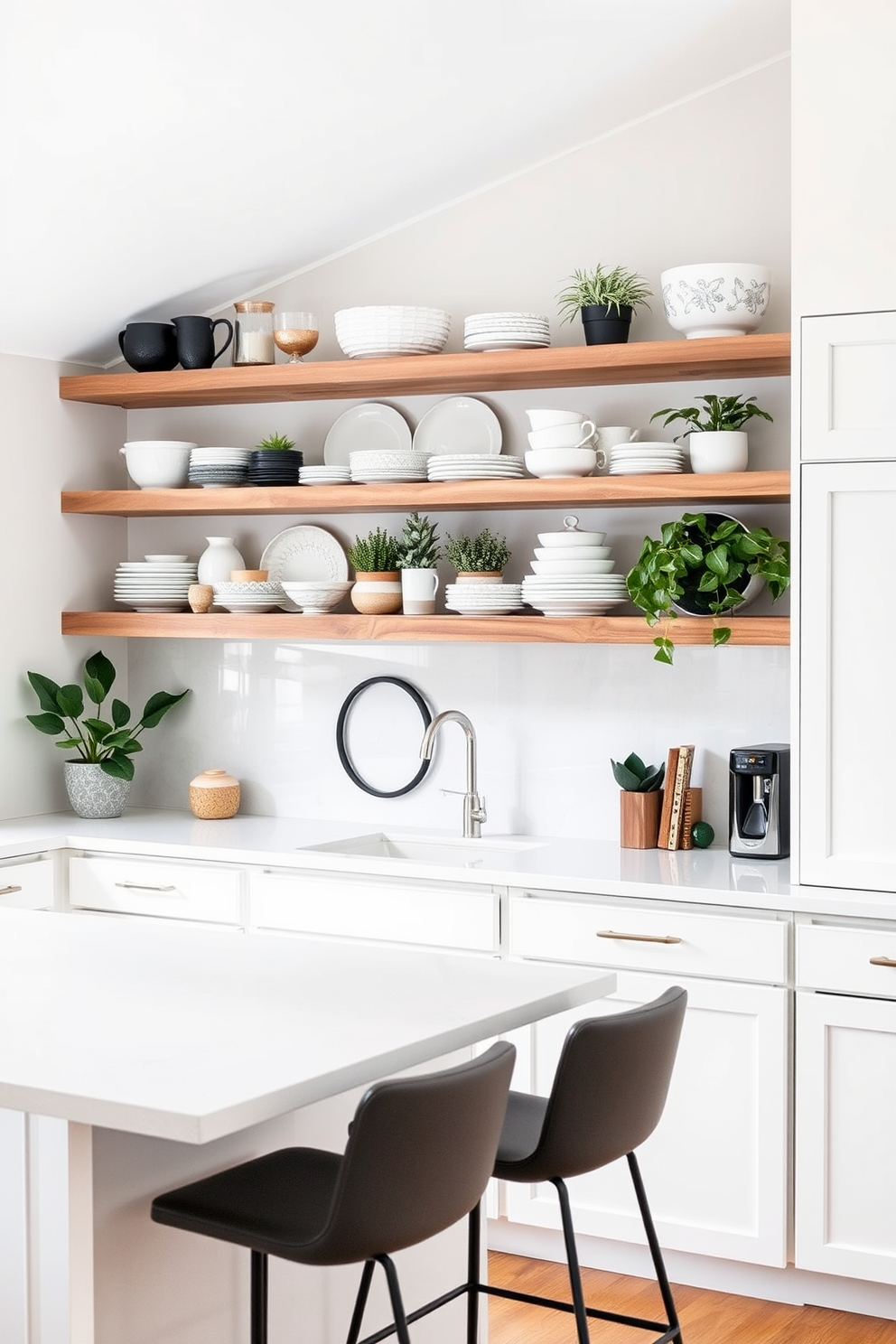 A modern kitchen featuring an open shelving design above the kitchen island. The shelves are made of reclaimed wood and are filled with an assortment of stylish dishware and decorative plants. The kitchen island is spacious with a sleek quartz countertop and high-backed stools on one side. The cabinetry is painted in a soft white hue, creating a bright and inviting atmosphere.