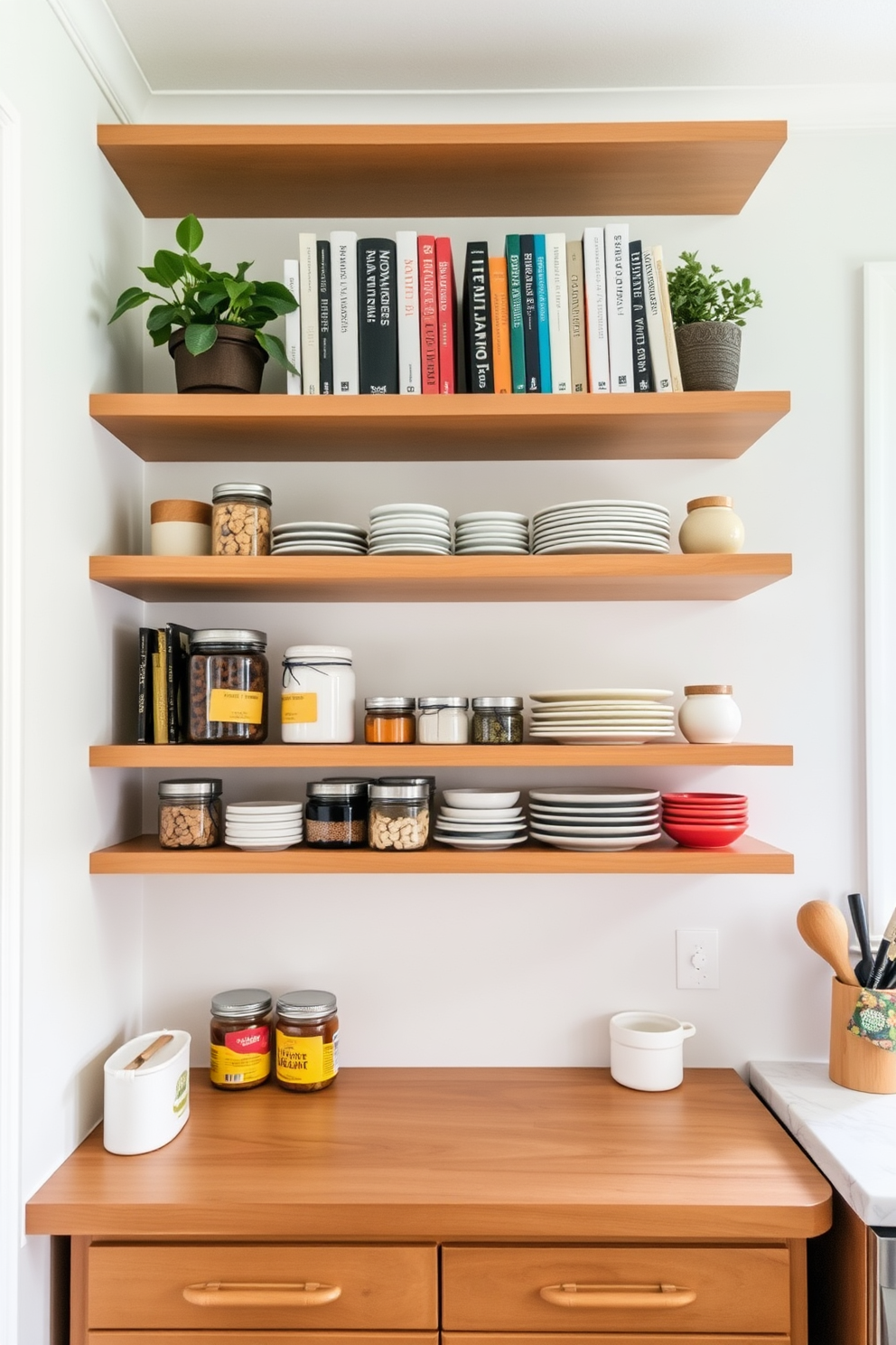 A stylish kitchen featuring tiered shelving designed for small kitchen items. The shelves are made of light wood and are arranged in a staggered fashion, showcasing colorful jars and neatly stacked dishes. Above the tiered shelves, open shelving displays a curated selection of cookbooks and decorative plants. The walls are painted in a soft white, creating a bright and airy atmosphere that enhances the kitchen's functionality.