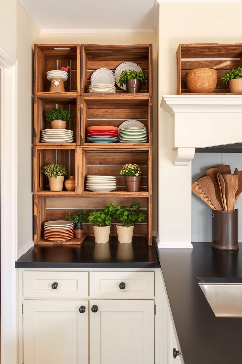 A charming kitchen design featuring vintage crates as open shelf storage. The rustic wooden crates are filled with colorful dishware and potted herbs, adding character and warmth to the space. The walls are painted in a soft cream color, complementing the natural wood tones of the crates. A sleek countertop in a contrasting dark hue enhances the overall aesthetic, creating a balanced and inviting atmosphere.