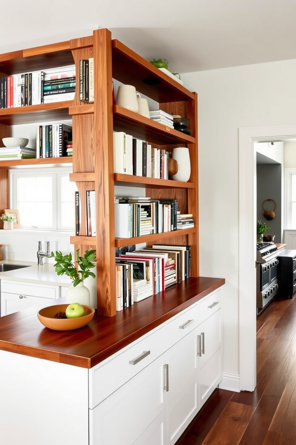 A stylish open kitchen featuring a ladder shelf filled with an array of cookbooks and decorative items. The shelves are made of reclaimed wood, adding warmth to the modern kitchen design while providing an organized yet inviting display.