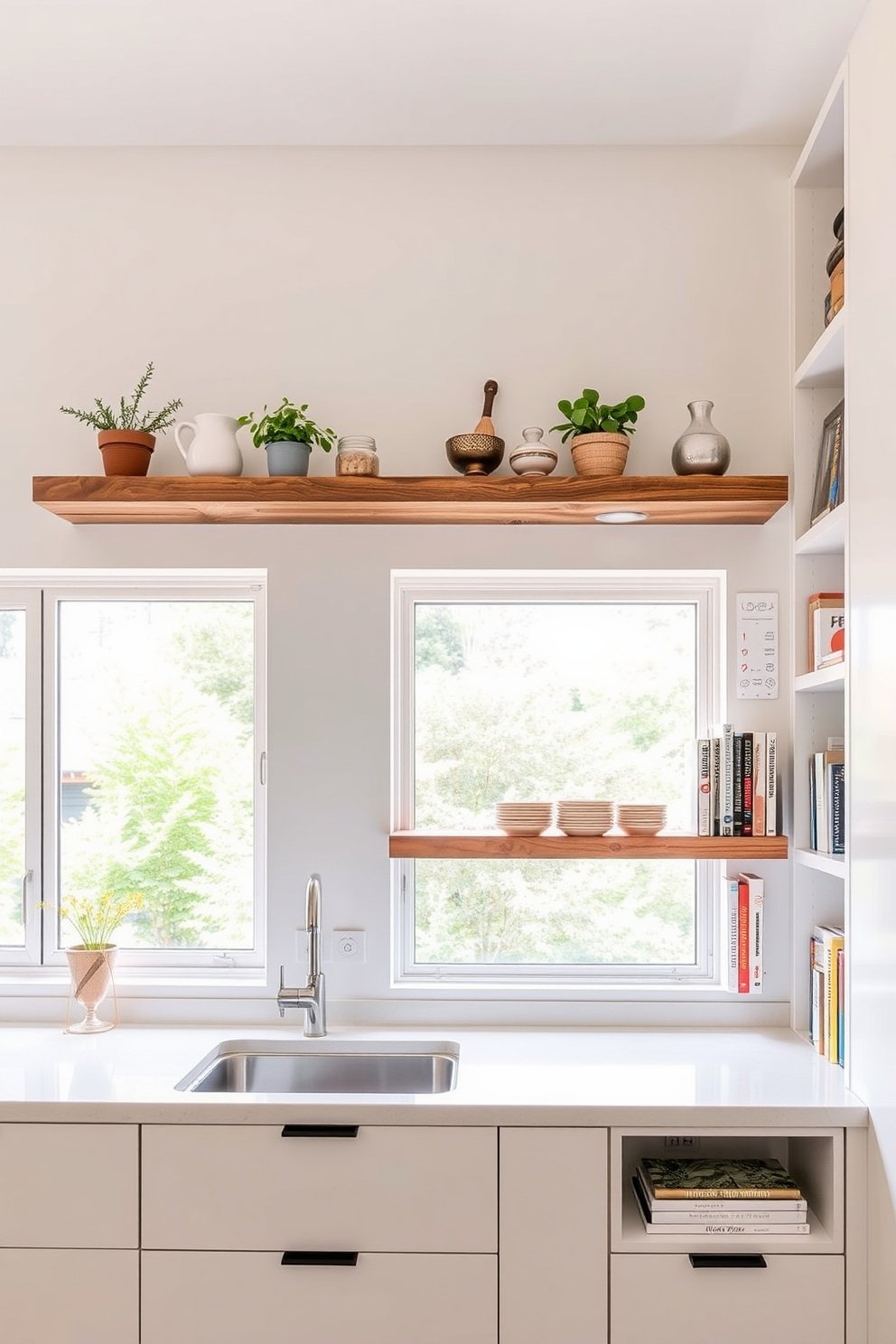 Floating shelves frame a large window, allowing natural light to illuminate the space. The shelves are crafted from reclaimed wood, adorned with potted herbs and decorative ceramics for a warm, inviting feel. In this open shelves kitchen design, the cabinetry is minimalistic and sleek, featuring a blend of white and light gray finishes. The shelves showcase an array of colorful dishware and cookbooks, adding personality and charm to the modern kitchen aesthetic.