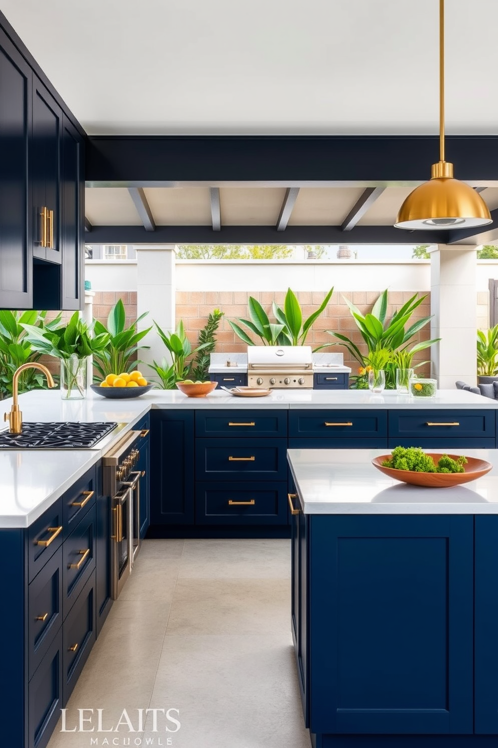 An L-shaped kitchen features sleek cabinetry in a deep navy blue with brushed gold hardware. The centerpiece is a large island with bar seating, topped with white quartz that contrasts beautifully with the dark cabinets. The open layout flows seamlessly into an outdoor kitchen, showcasing a built-in grill and a spacious countertop for food preparation. Surrounding the outdoor area are lush green plants, creating a vibrant and inviting atmosphere for entertaining.