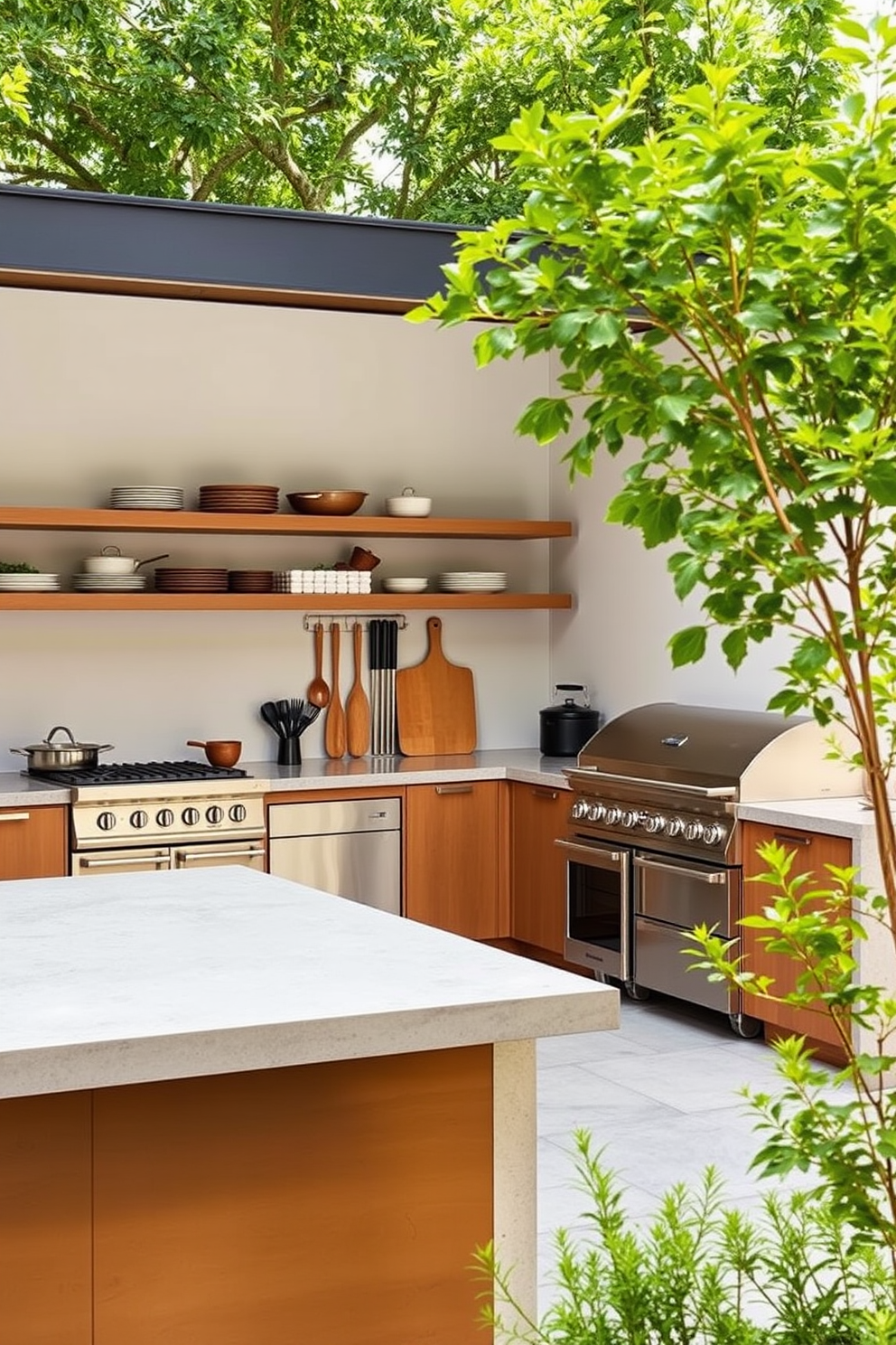 A minimalist outdoor kitchen featuring sleek stainless steel appliances and a large island with a polished concrete countertop. The space is surrounded by lush greenery and includes open shelving with neatly arranged cookware and utensils.