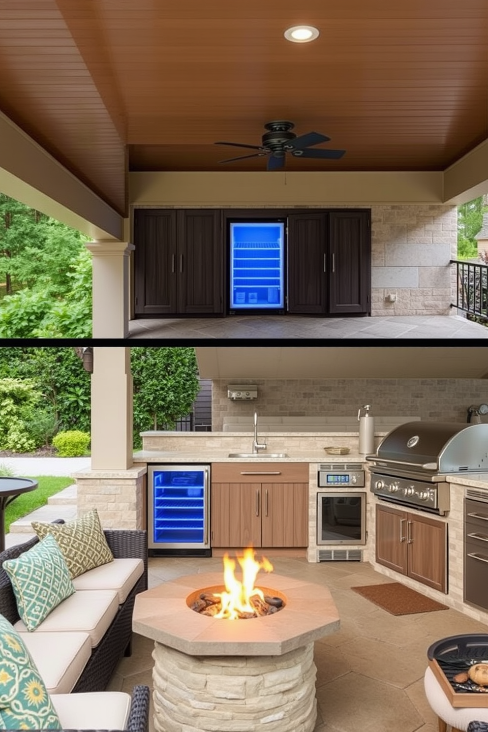 A traditional outdoor kitchen featuring rich wooden cabinetry that complements the natural surroundings. The space includes a large stone grill, a built-in countertop for food preparation, and comfortable seating for dining al fresco.