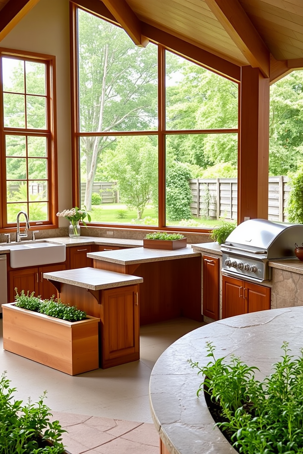 A charming cottage-style outdoor kitchen features a rustic wooden dining table surrounded by mismatched vintage chairs. The kitchen is adorned with hanging herb planters and a weathered wooden countertop, creating a cozy and inviting atmosphere. A classic farmhouse sink sits beneath a window, offering a view of the garden. Strung fairy lights provide warm illumination, while colorful ceramic dishes and vintage utensils add character to the space.