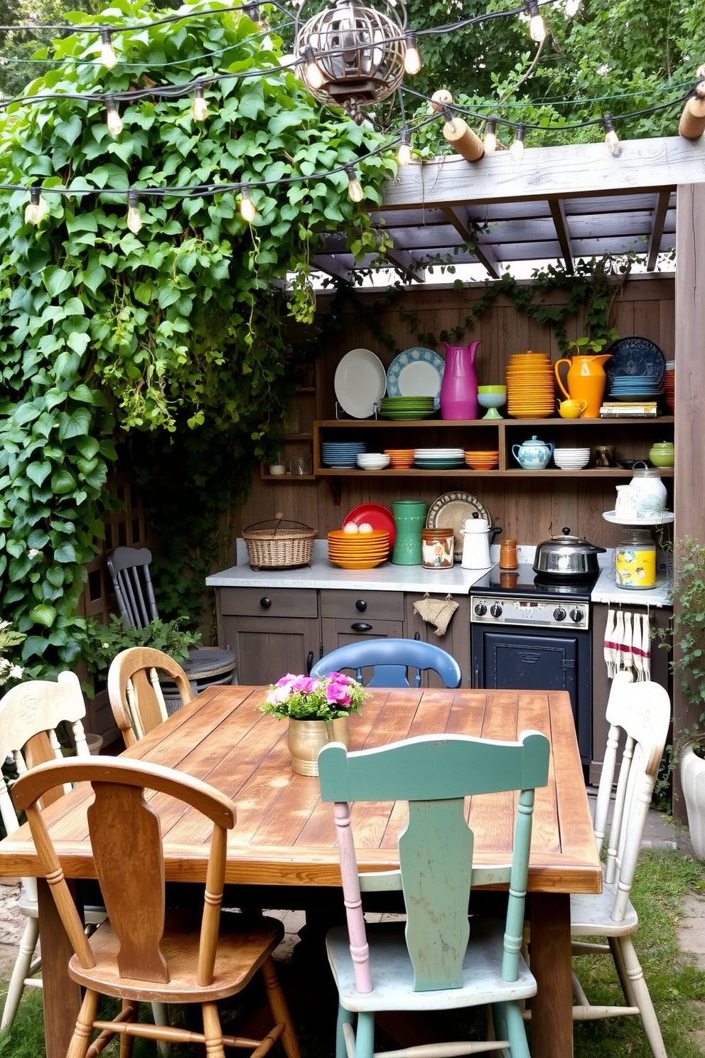 A charming vintage style outdoor kitchen setup features a rustic wooden dining table surrounded by mismatched chairs. The kitchen area includes an antique cast iron stove, a weathered wooden countertop, and open shelving displaying colorful dishware. Lush greenery surrounds the space, with climbing vines draping over a trellis. String lights are hung above, creating a warm and inviting atmosphere for evening gatherings.