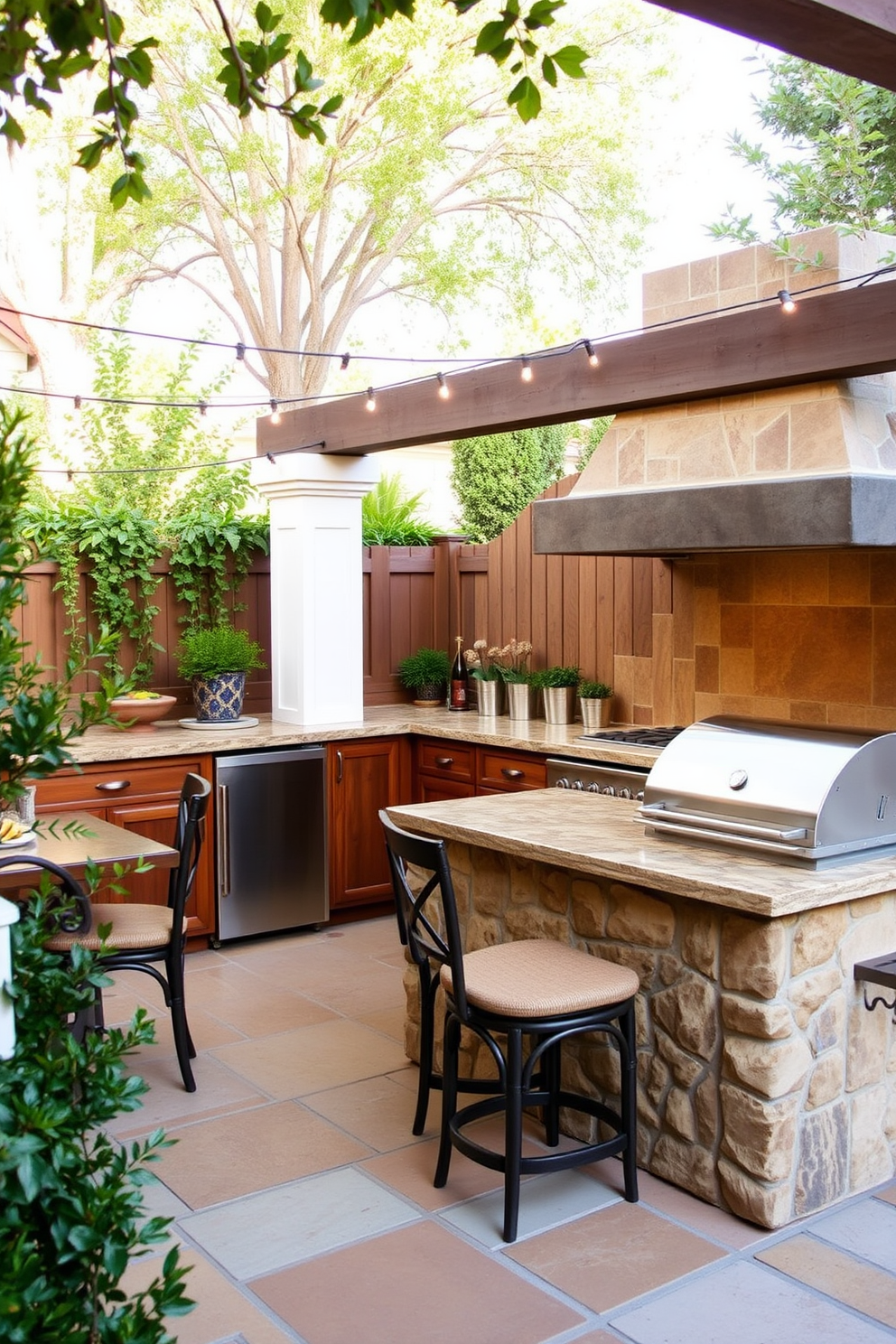 A charming outdoor kitchen featuring rustic stone countertops and a matching backsplash. The space is adorned with wooden cabinetry and a cozy dining area, surrounded by lush greenery and twinkling string lights.